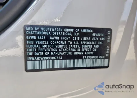 2012 Volkswagen Passat S z USA, uszkodzony, nr VIN 1VWAH7A39CC097634